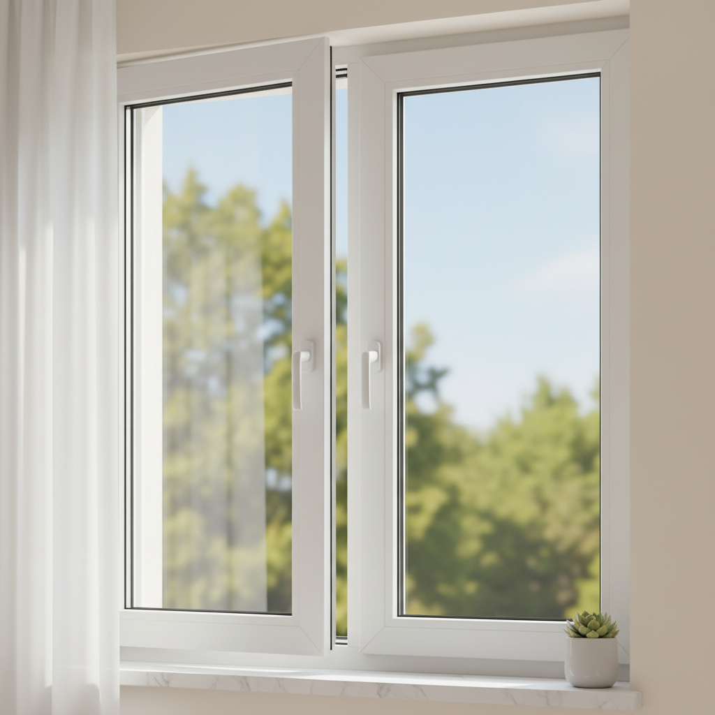 Dreh-Kipp-Fenster aus Kunststoff in geöffnetem Zustand