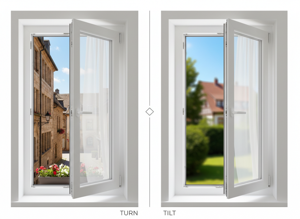 Dreh-Kipp-Fenster nach Öffnungsart in beiden Positionen