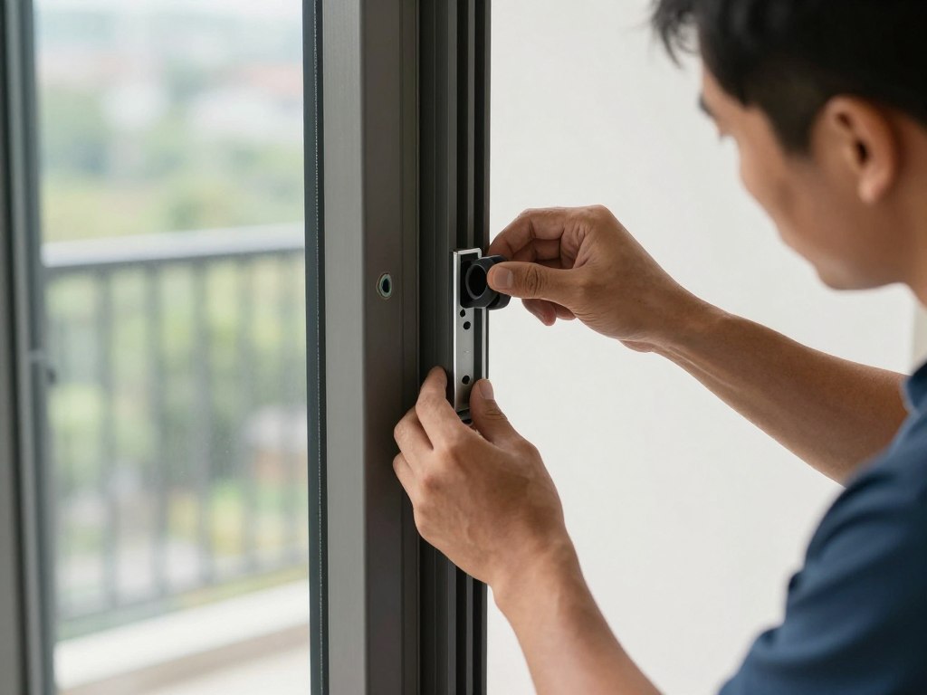Fachmann bei der Installation einer Balkontür mit speziellen Werkzeugen