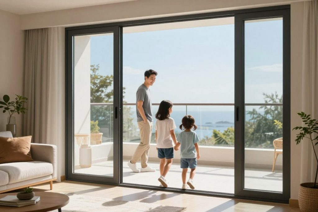 Familie genießt den Blick durch eine moderne Balkontür auf die Terrasse