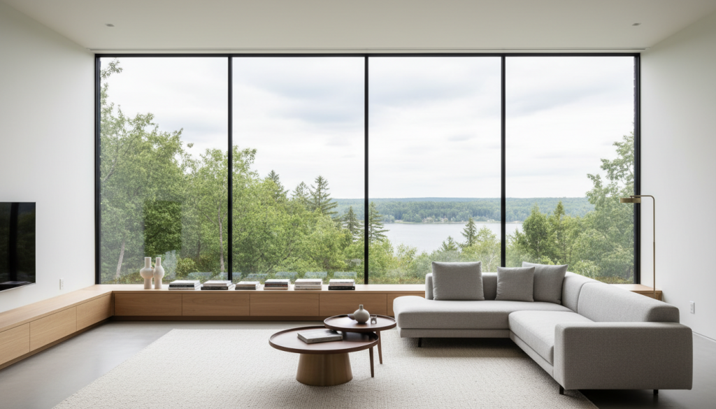 Große Festverglasung in einem modernen Wohnraum mit viel Lichteinfall