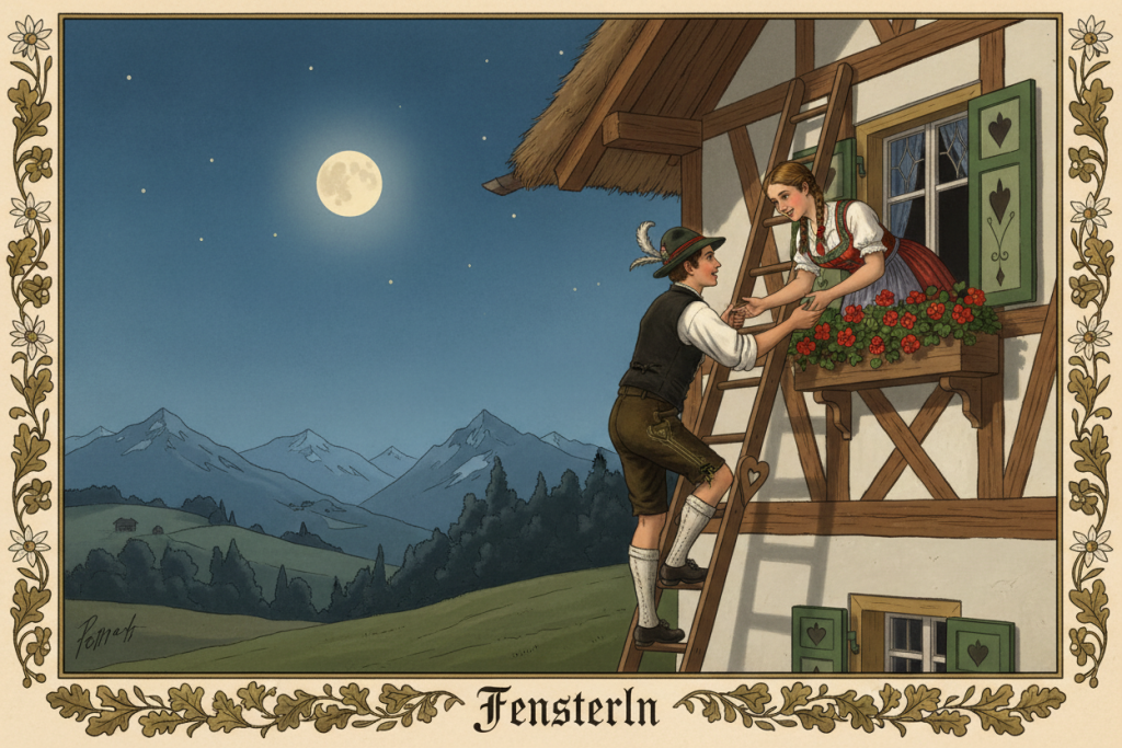 Historische Darstellung des Brauchs des 'Fensterln' in Bayern