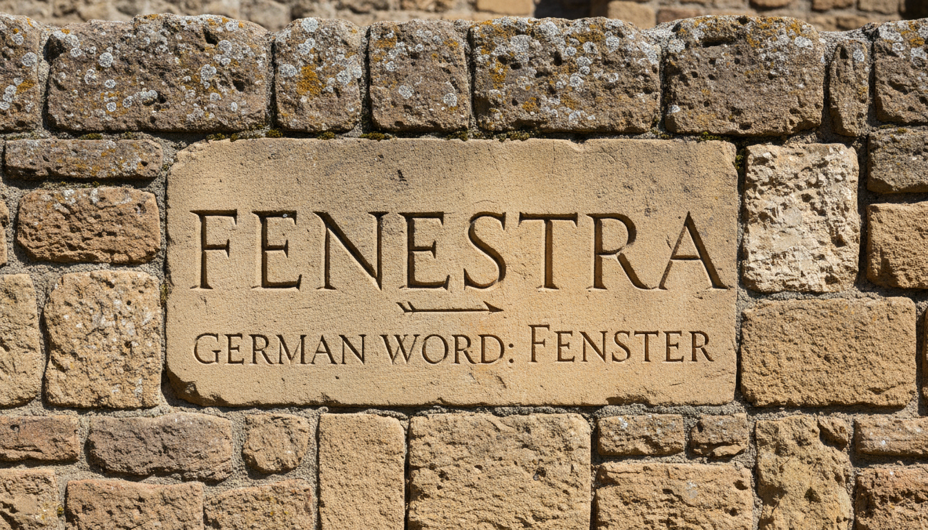 Lateinische Inschrift mit dem Wort 'fenestra' auf einer antiken Steinmauer