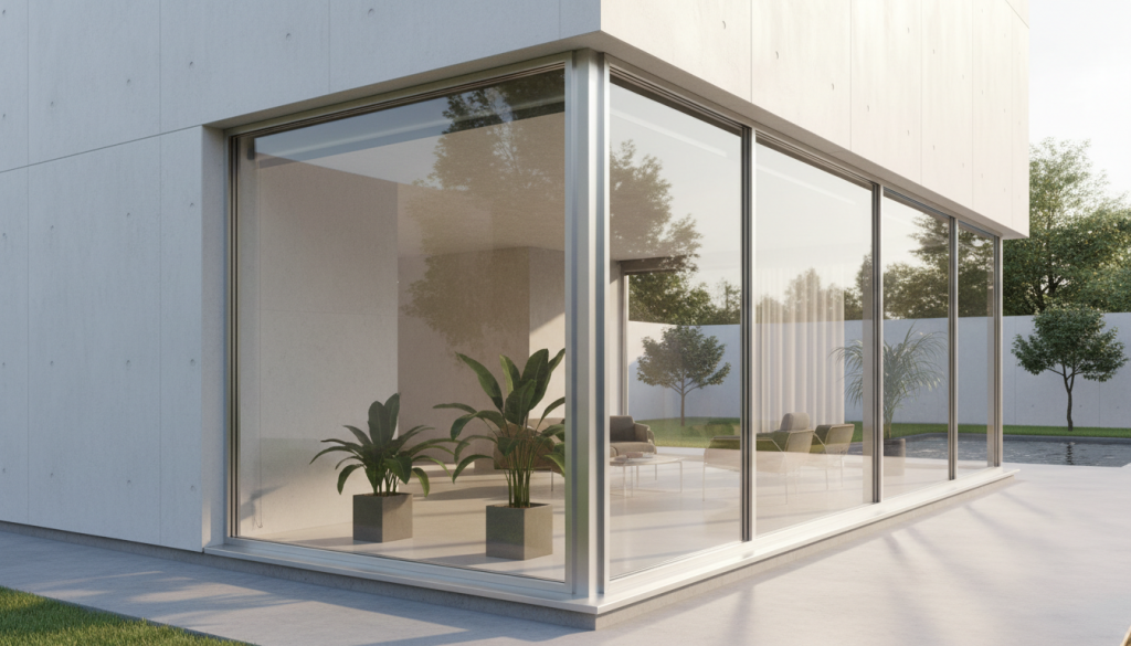 Modernes Aluminiumfenster mit schlankem Profil und großer Glasfläche