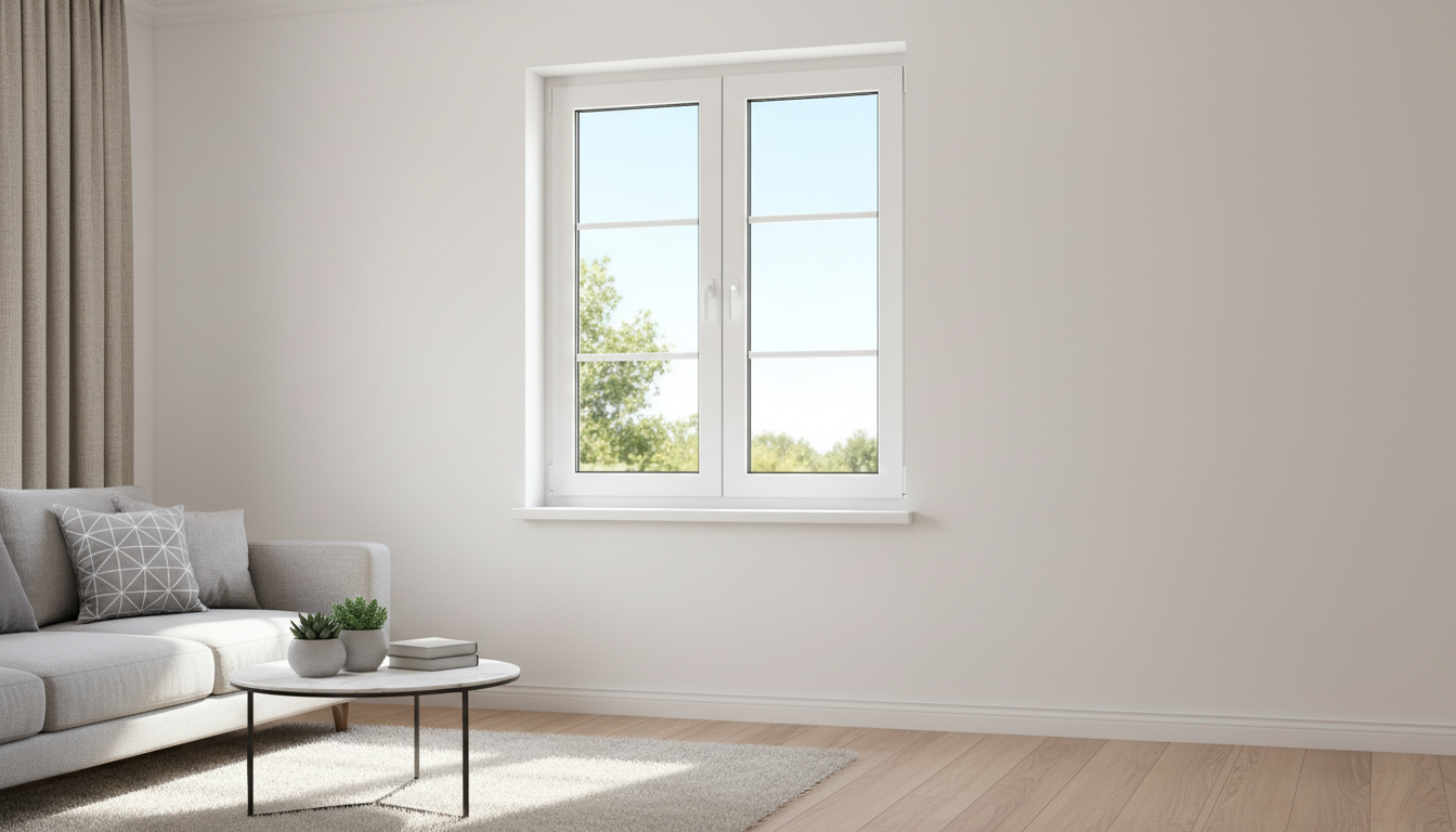 Modernes Kunststofffenster mit Doppelverglasung in einem Wohnzimmer