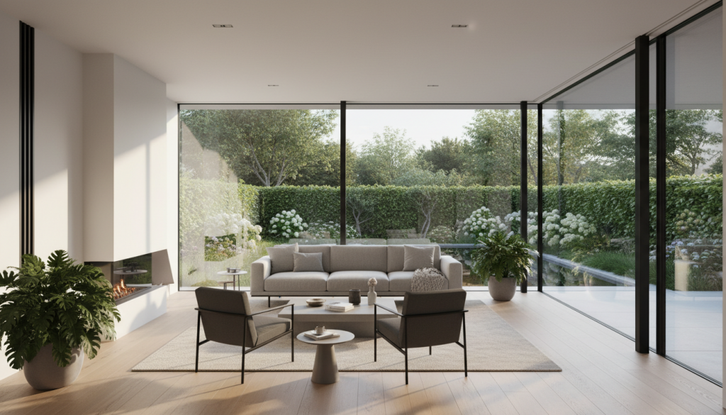 Modernes Wohnzimmer mit großer Festverglasung und Blick in einen Garten