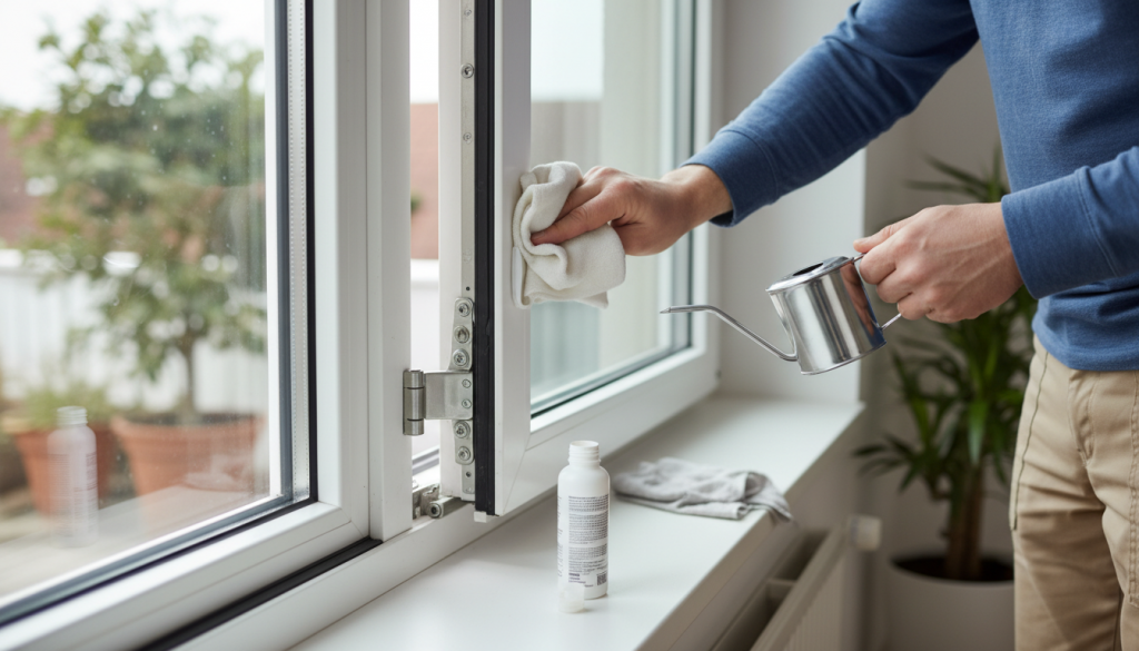 Person bei der Wartung eines Fensters, reinigt Dichtungen und ölt Beschläge