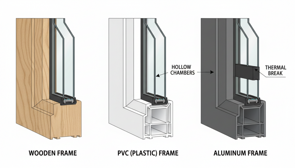 Querschnitt durch verschiedene Fensterrahmenmaterialien: Holz, Kunststoff und Aluminium
