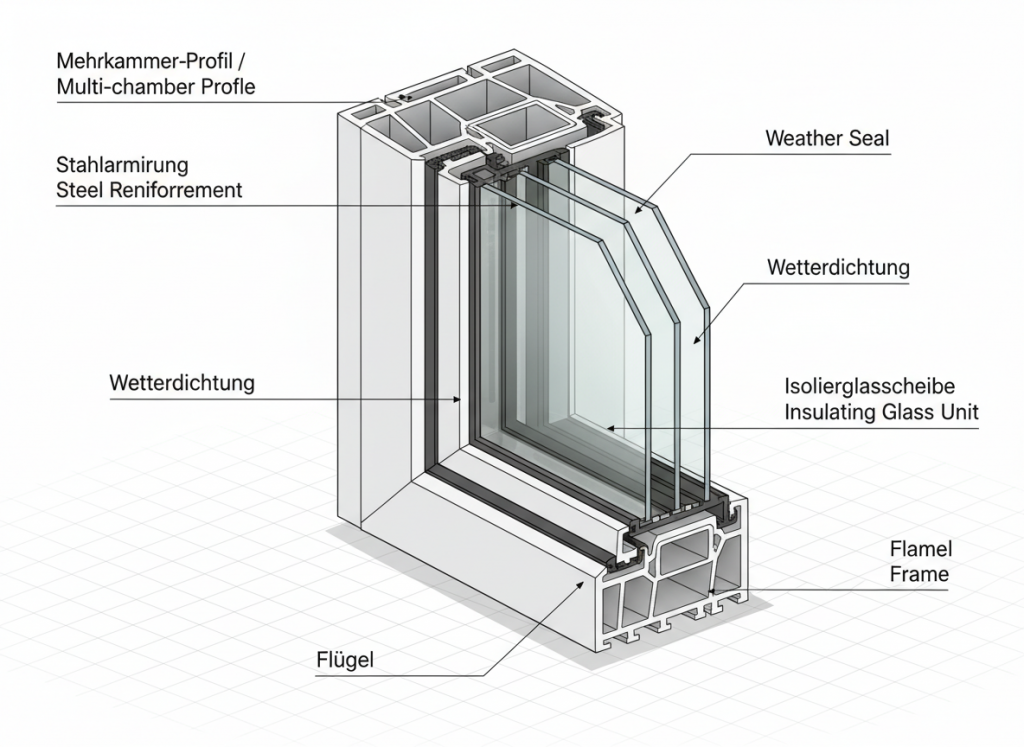 Querschnitt eines Kunststofffensterprofils mit Mehrkammersystem