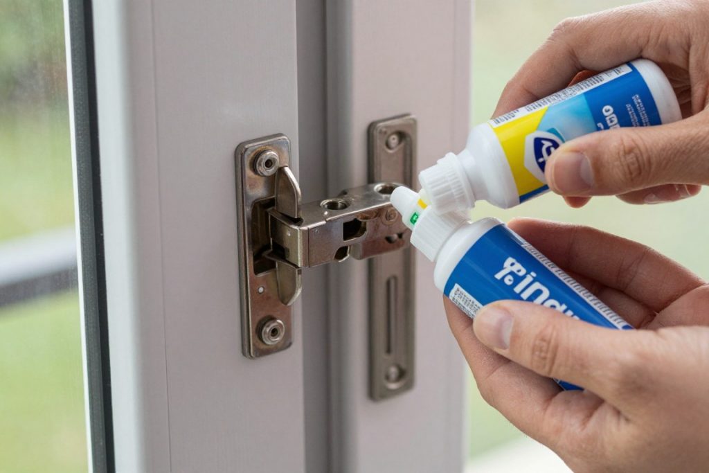 Schmierung der Beschläge einer Balkontür mit Spezialfett