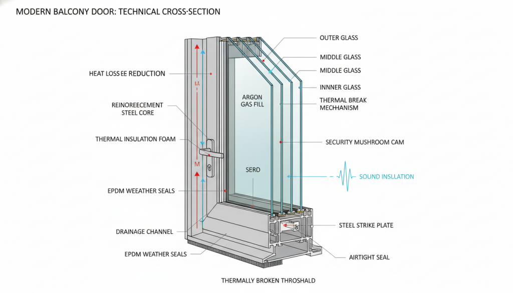 Technische Details einer modernen Balkontür mit Wärmedämmung