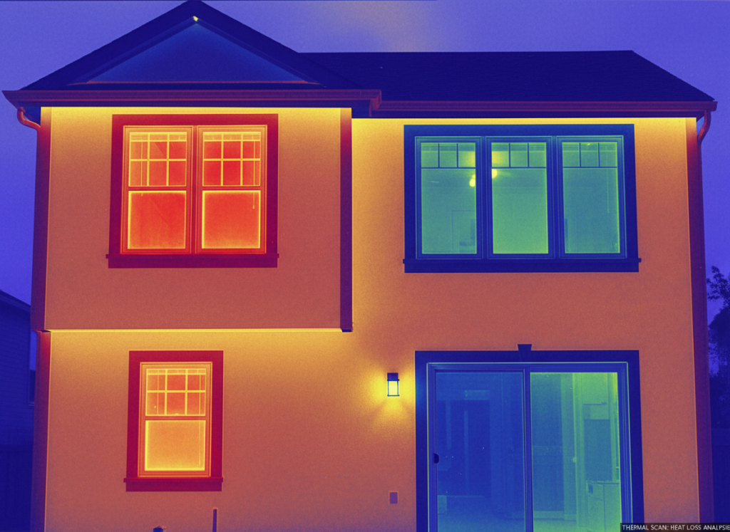 Thermografische Aufnahme eines Hauses mit verschiedenen Fenstertypen
