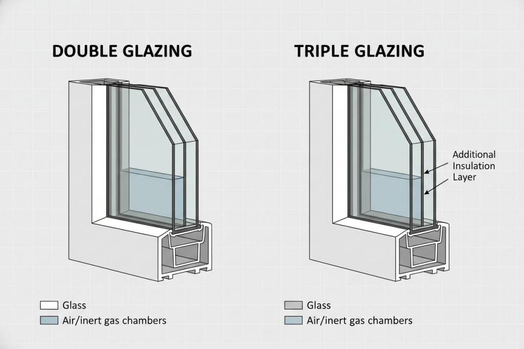Vergleich zwischen Zweifach- und Dreifach-Verglasung bei Kunststofffenstern