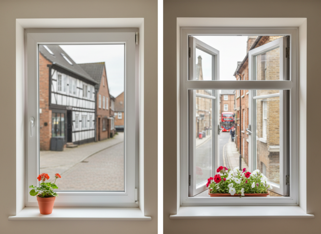 Vergleich zwischen einem typisch deutschen Dreh-Kipp-Fenster und einem englischen Schiebefenster