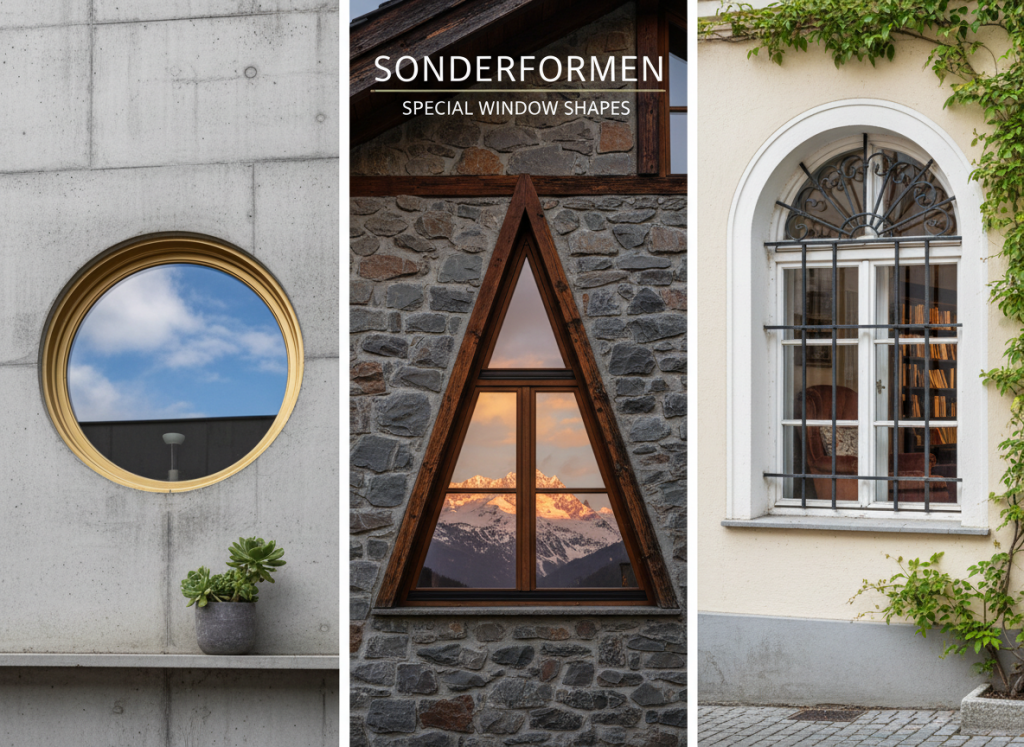 Verschiedene Fenster nach Bauform als Sonderformen: Rundfenster, Dreiecksfenster und Bogenfenster