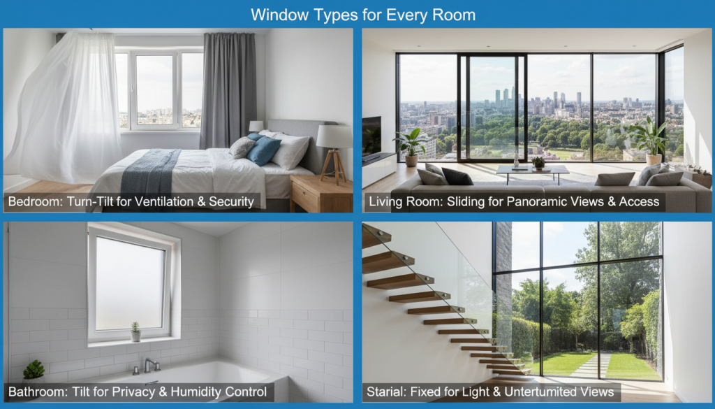 Verschiedene Fenster nach Öffnungsart in unterschiedlichen Räumen