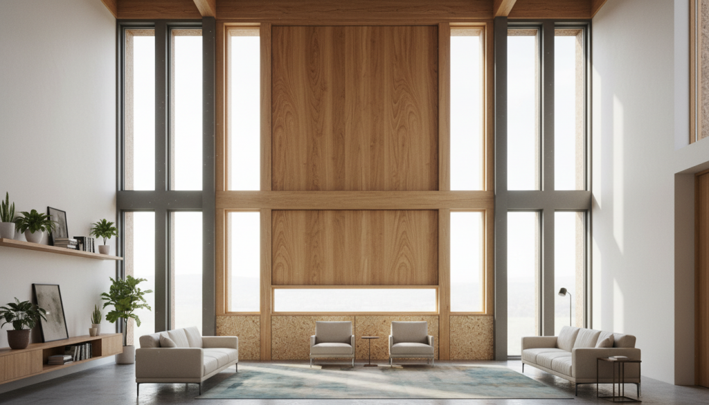 Verschiedene Fenstermaterialien in einem modernen Wohnraum mit natürlichem Lichteinfall