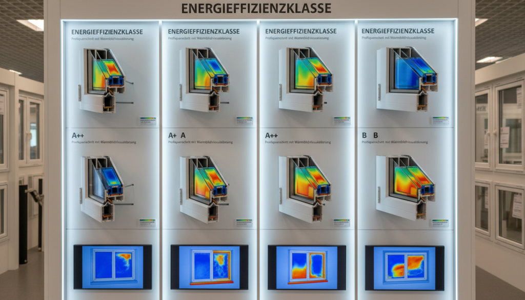 Verschiedene Kunststofffensterprofile mit unterschiedlichen Energieeffizienzklassen