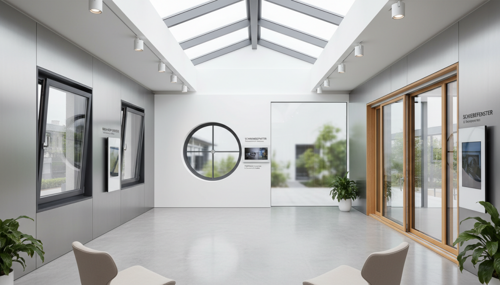 Verschiedene moderne Fenstertypen in einem Showroom ausgestellt